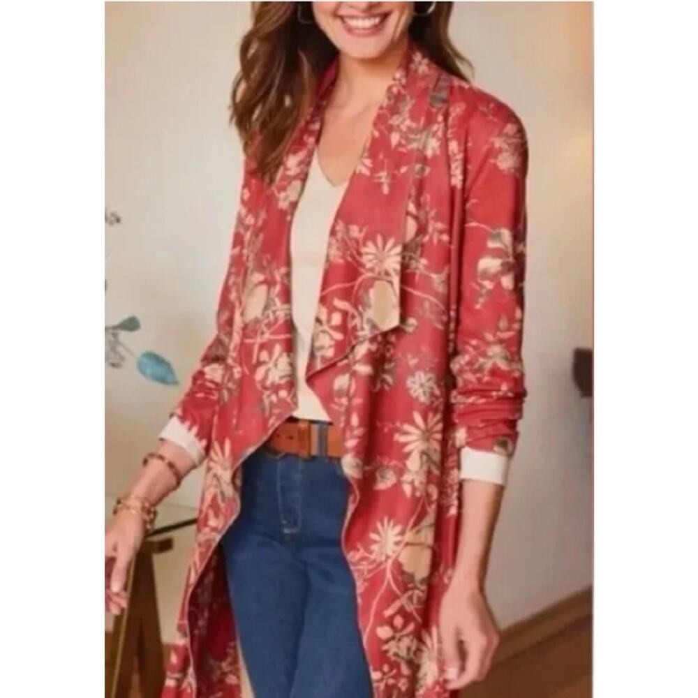 Soft Surroundings Faux Suede Open Jacket Large Floral Boho Cottagecore